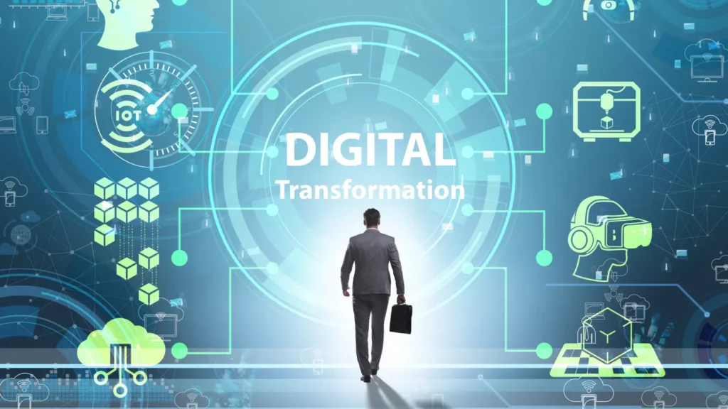 Biznesmen w nowoczesnym środowisku cyfrowym symbolizujący przemiany technologiczne