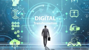 Biznesmen w nowoczesnym środowisku cyfrowym symbolizujący przemiany technologiczne