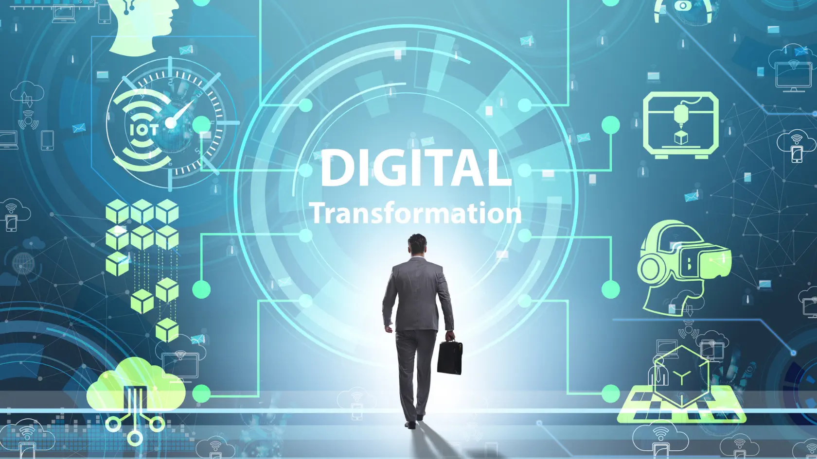 Biznesmen w nowoczesnym środowisku cyfrowym symbolizujący przemiany technologiczne