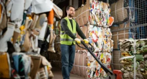 Pracownik transportujący odpady w magazynie – zarządzanie marnotrawstwem i recykling w przedsiębiorstwie.