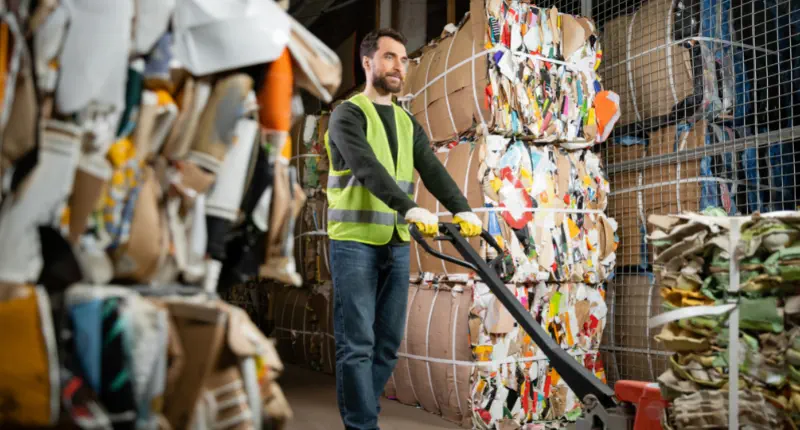 Pracownik transportujący odpady w magazynie – zarządzanie marnotrawstwem i recykling w przedsiębiorstwie.